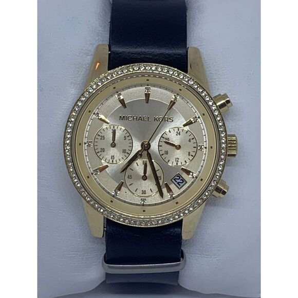 Michael Kors MK6328 Women Black Leather Analog Gold Dial Quartz Wrist Watch E325 - Picture 1 of 11